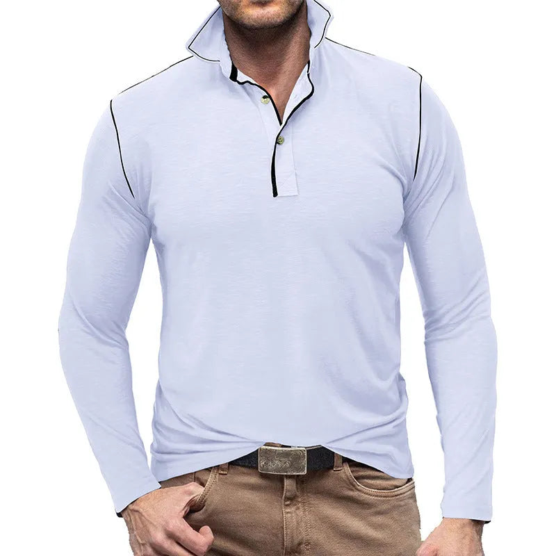 Men's slub cotton polyester Henley shirt lapel T-shirt top in army green long sleeves