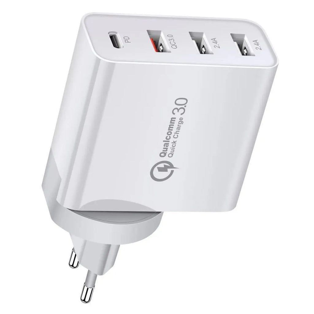 White multi-port fast charger with PD and QC technology showing multiple USB ports