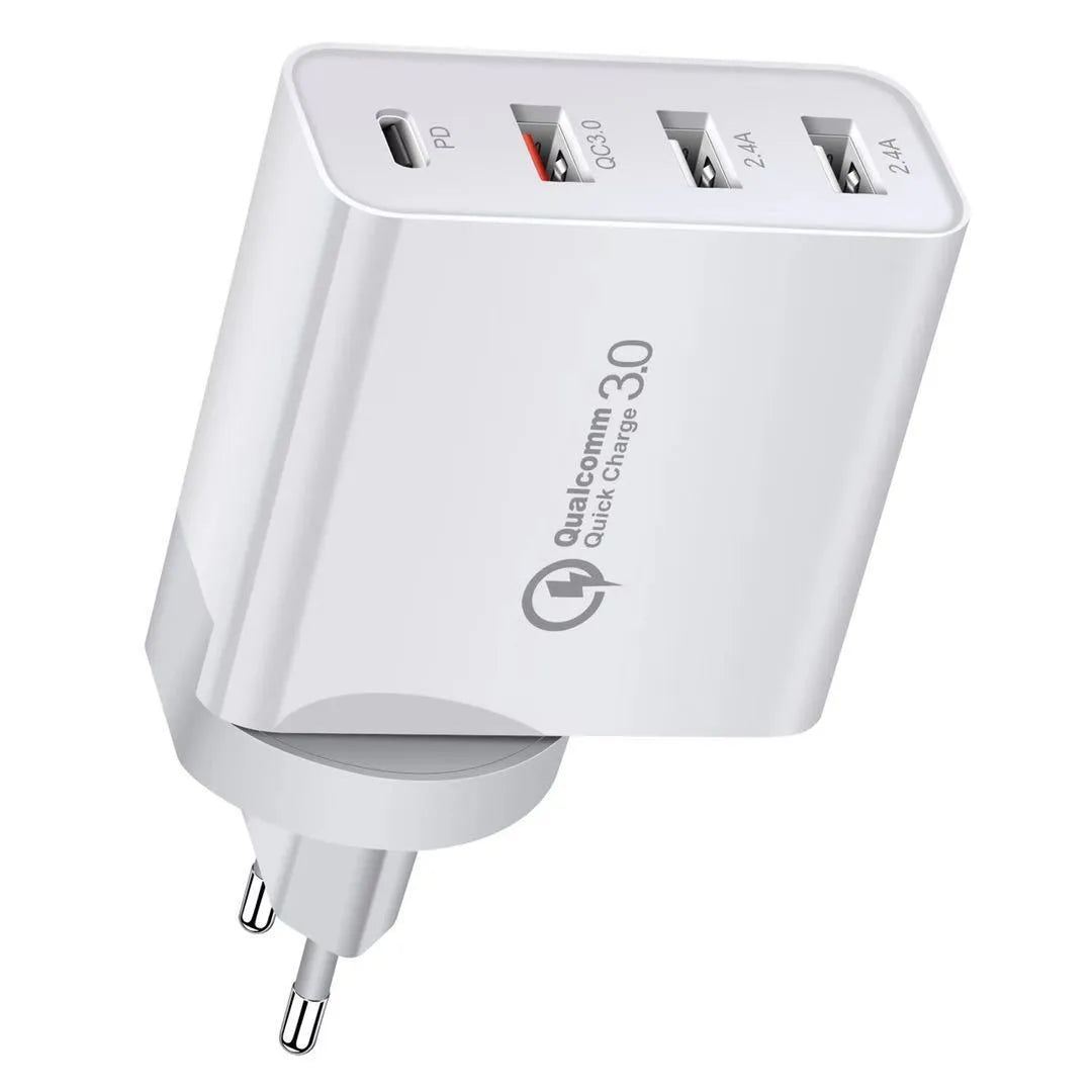 White multi-port fast charger with PD and QC technology showing multiple USB ports