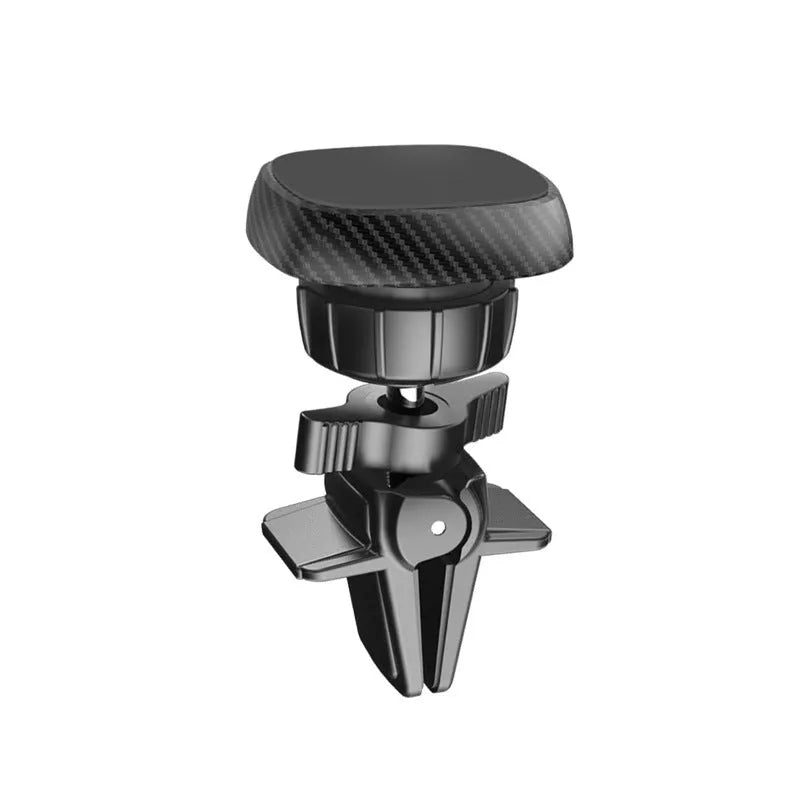 Black magnetic car phone holder attached to vehicle air vent with smartphone