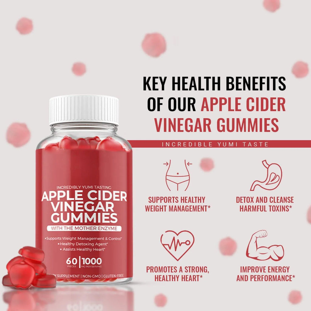 Bottle of apple cider vinegar gummy tablets containing 60 chewable soft candies for adult dietary supplementation