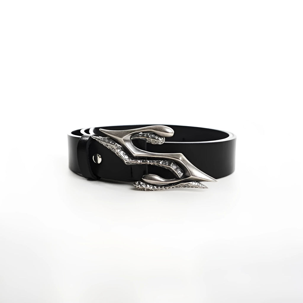 Black leather belt with metal letter buckle showing 110cm length