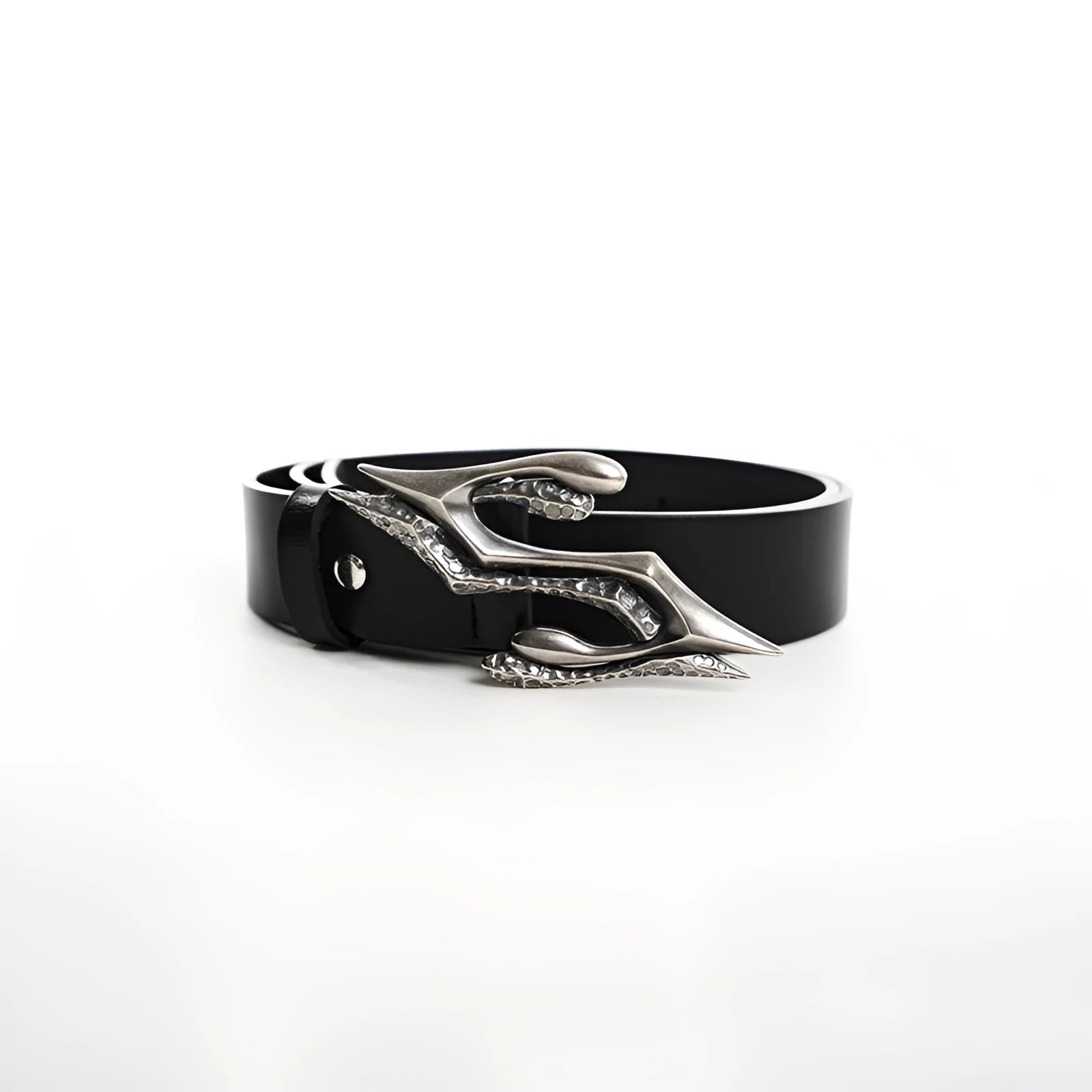 Black leather belt with metal letter buckle showing 110cm length