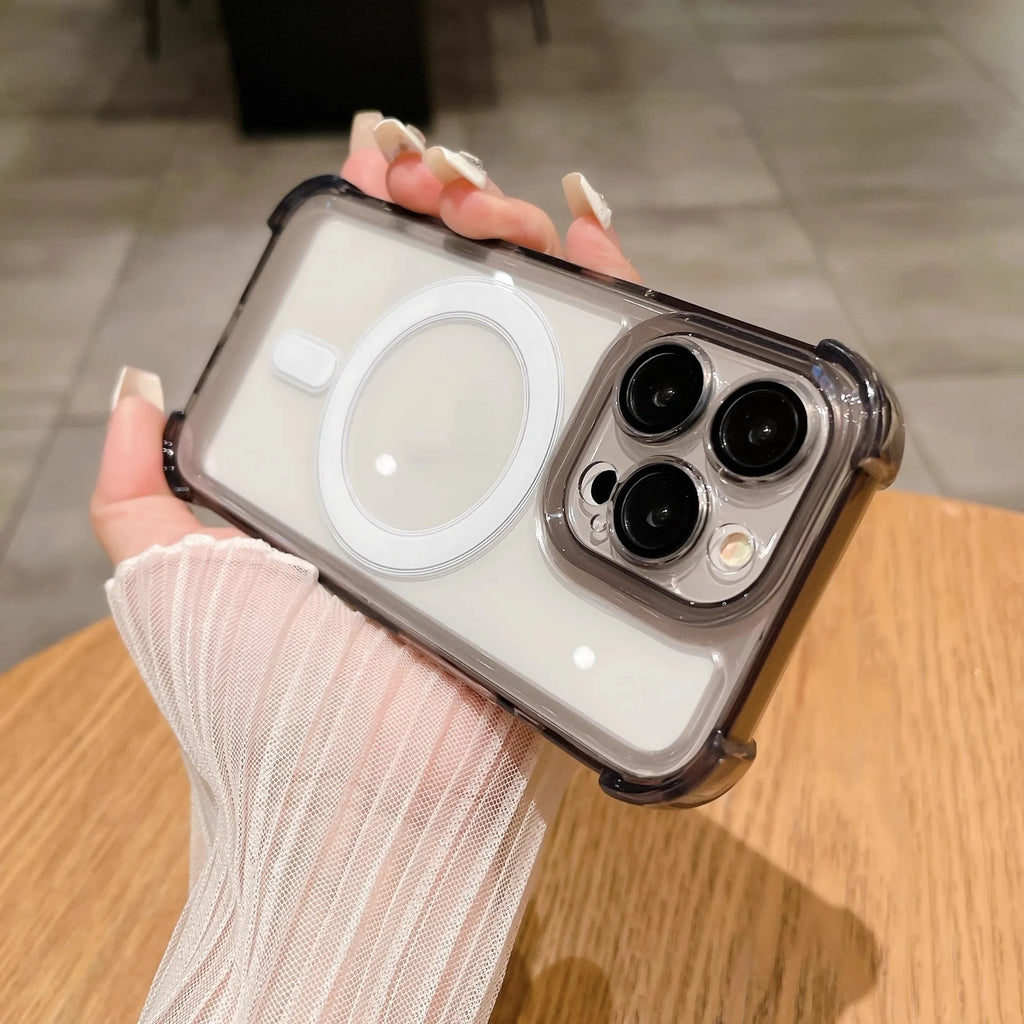 Transparent magnetic airbag silicone phone case with lens protector for iPhone models.