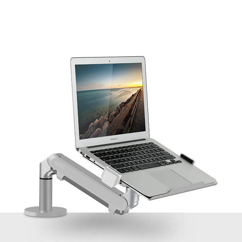 Silver aluminium laptop stand with air pressure arm bracket and rotating platform