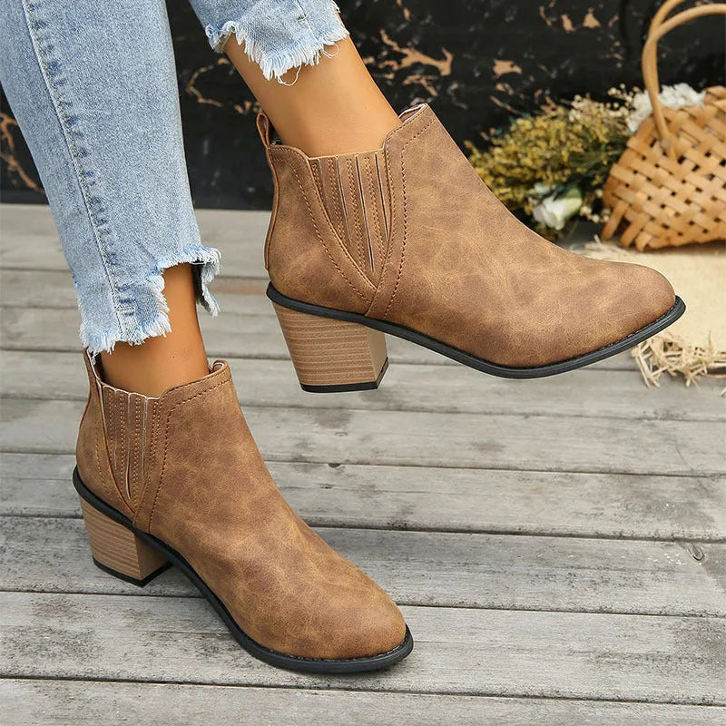 Black pointed toe women's ankle boots with a thick square low heel on a white background.
