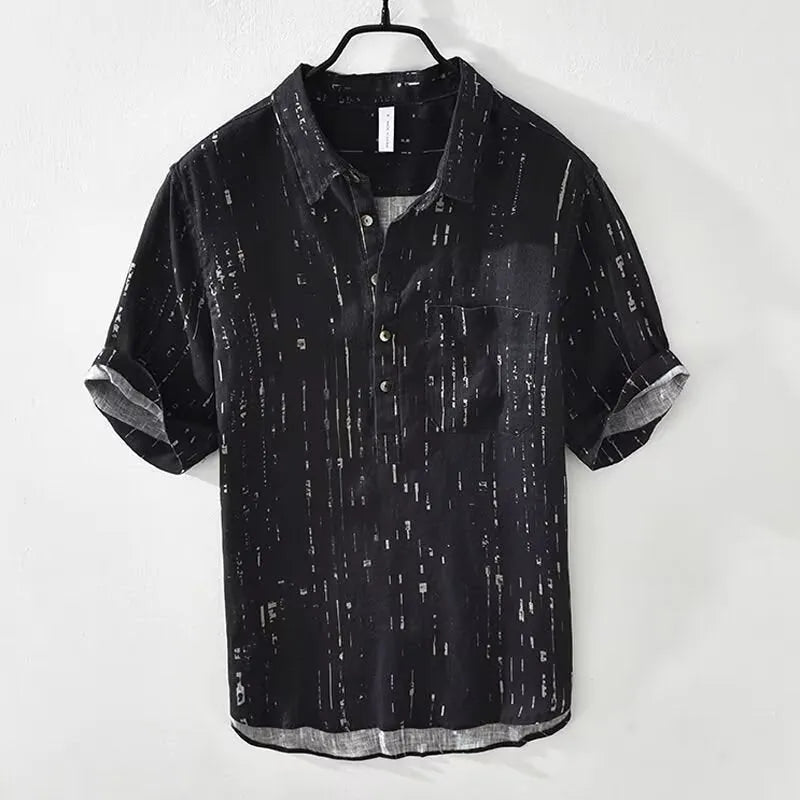 Black loose-fit short-sleeved lapel polo shirt with cardigan style on a hanger