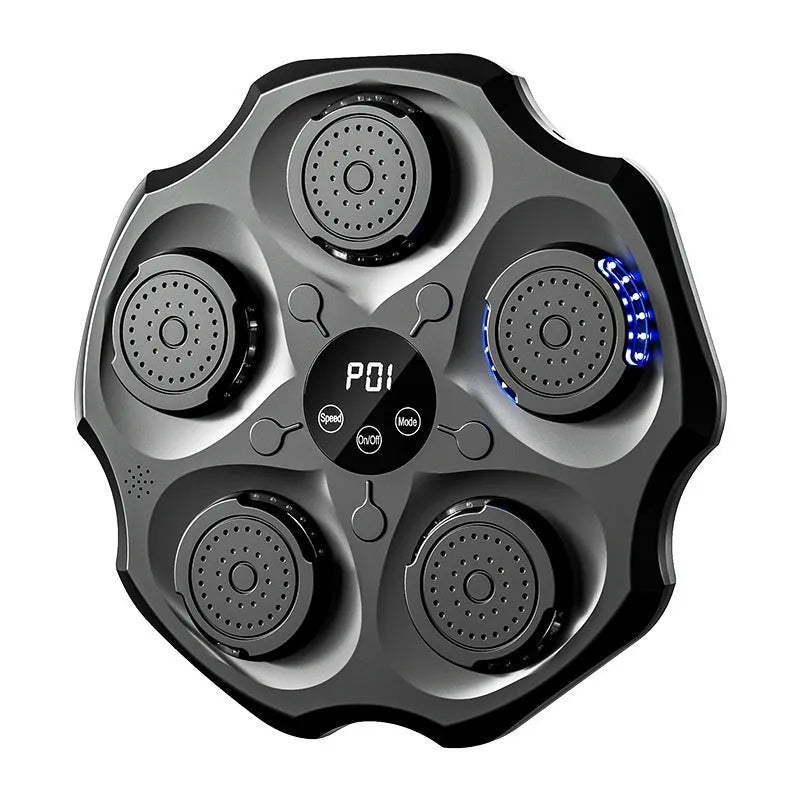 Black hanging Bluetooth boxing wall target with included gloves on a grey wall
