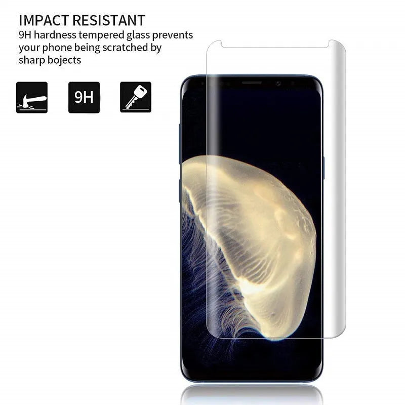 3DAllglue tempered glass screen protector for Samsung Galaxy phones with anti-fingerprint coating.