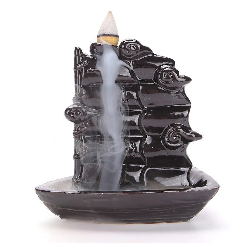Ceramic backflow incense burner with tree ornament design in green, mangrove, pink or white colour options