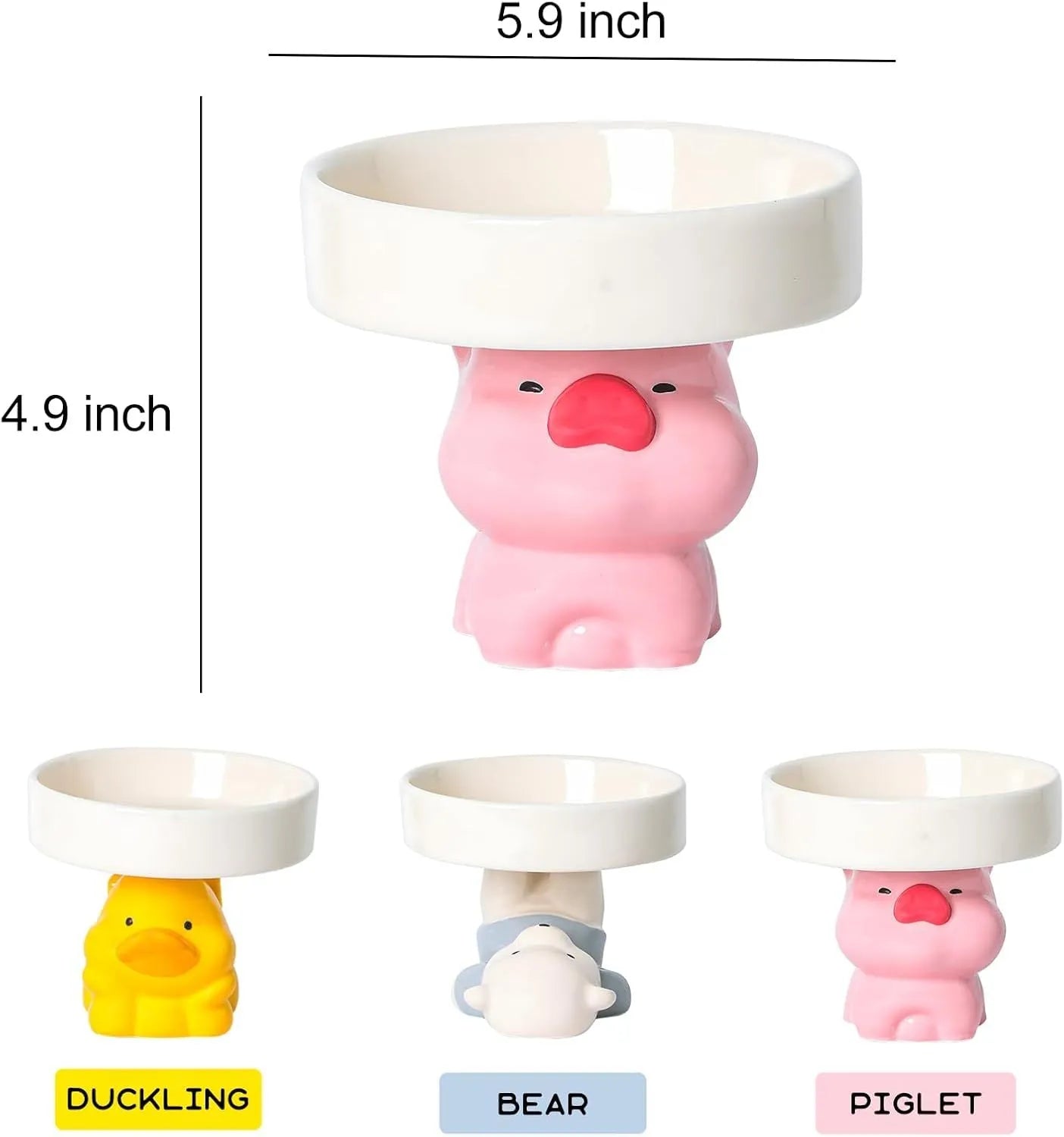 Raised ceramic pet bowl in animal design, showing wide opening for whisker comfort
