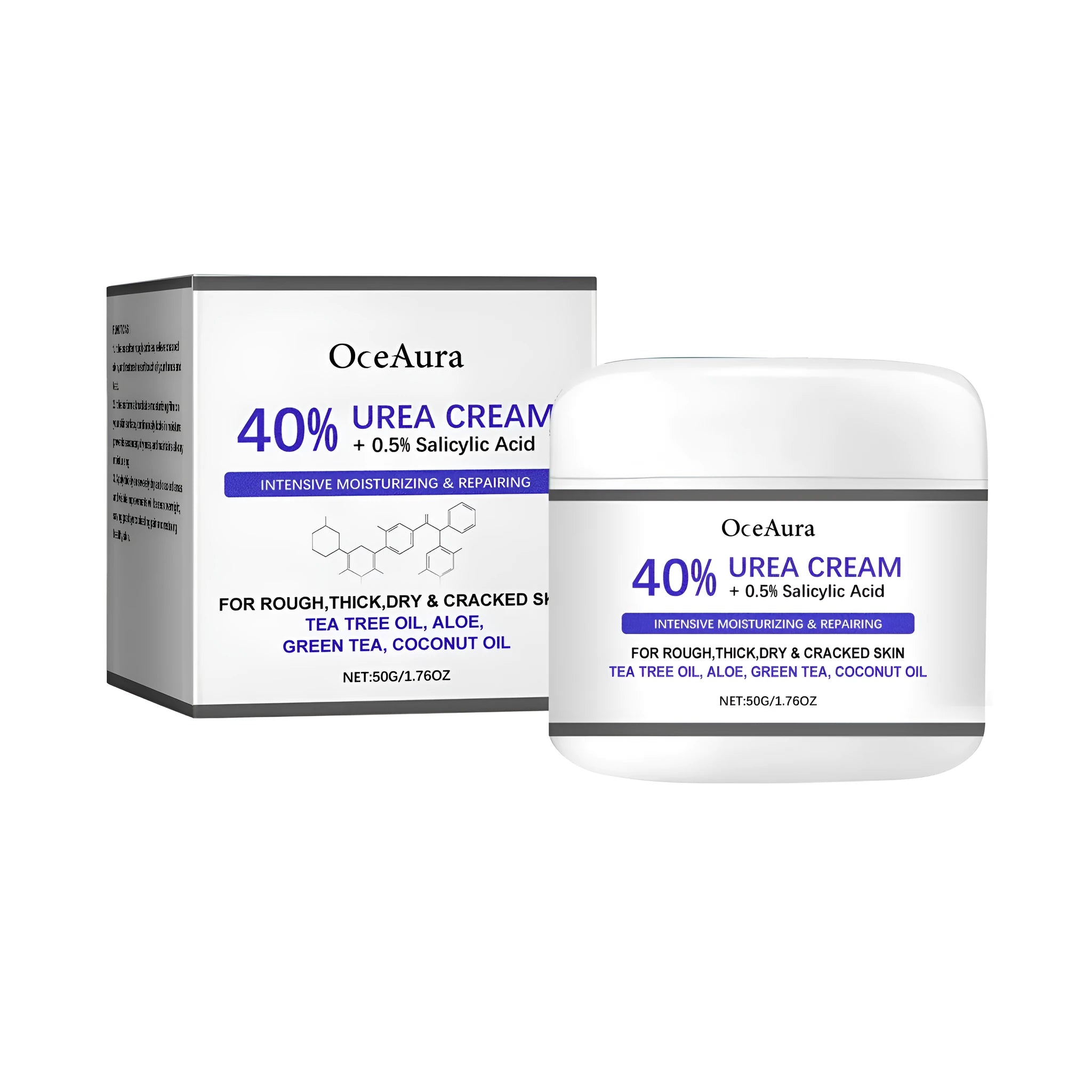 A 50g jar of anti-cracking hand and foot cream containing urea, salicylic acid, and natural extracts.
