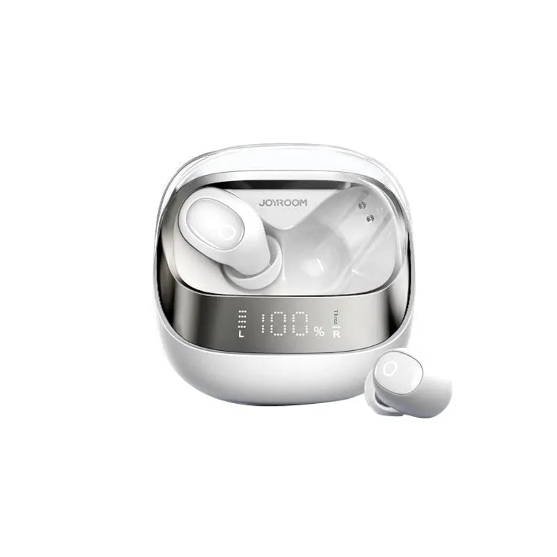 Beige wireless noise reduction in-ear headphones with charging case on a grey background.