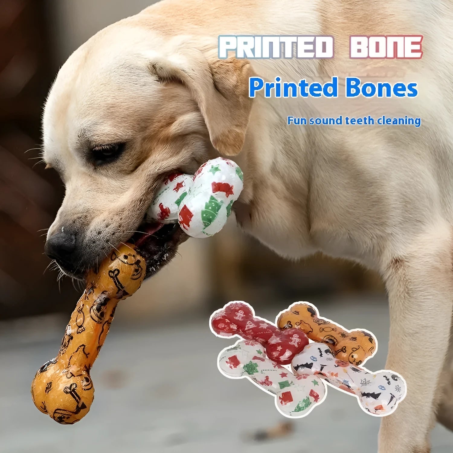 Printed bone-shaped dog chew toy in seasonal colours with TPR material