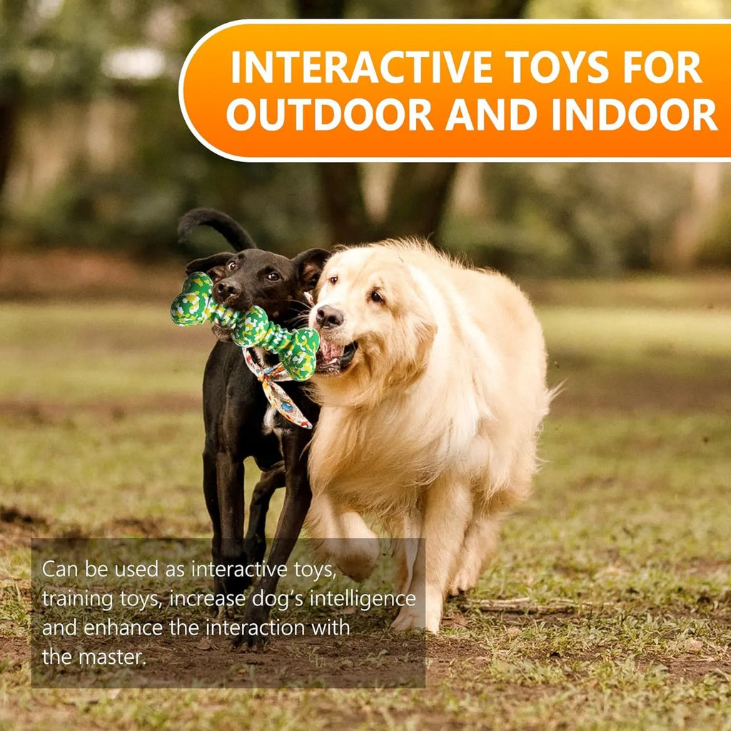 Green, white, and yellow camouflaged natural rubber bone-shaped chew toy for large dogs.