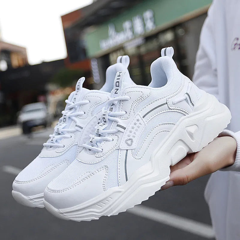 White and moonlight women's mesh casual sports shoes with thick sole, buckle detail, and round toe