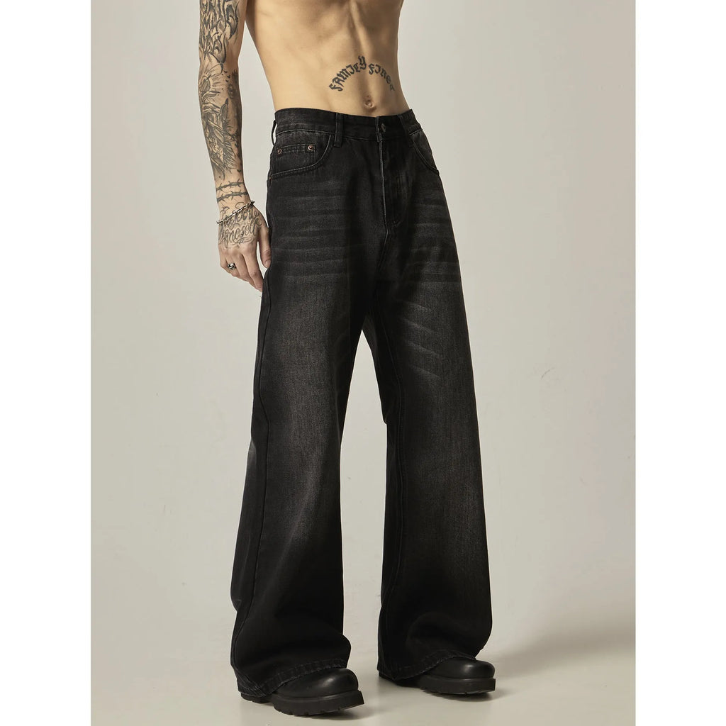 Black loose straight leg jeans with American retro styling and zipper fly