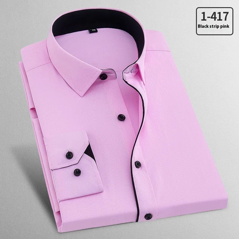 Men's white long sleeve flax business shirt shown alongside pink diagonal and red plain colour options
