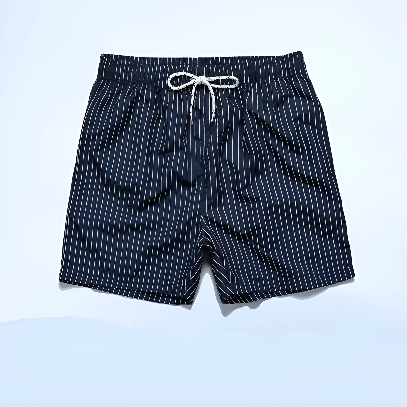 Men's striped polyester shorts in navy blue on a mannequin, showing straight leg design.