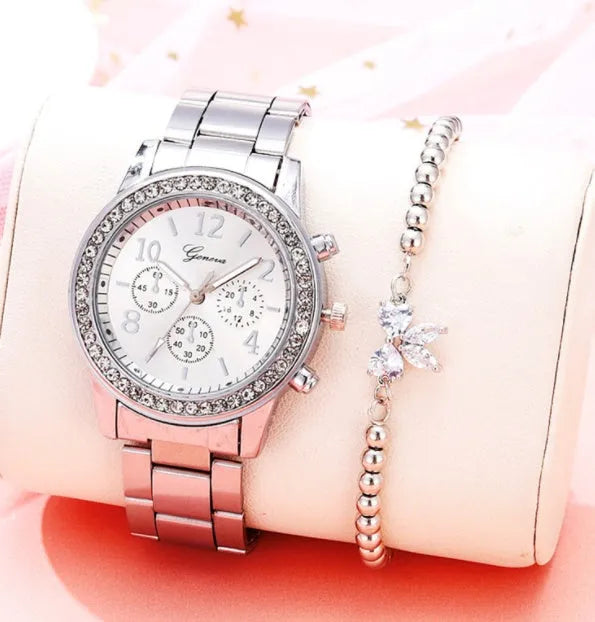 40mm round women's crystal quartz watch with metal alloy bracelet and reclining clasp