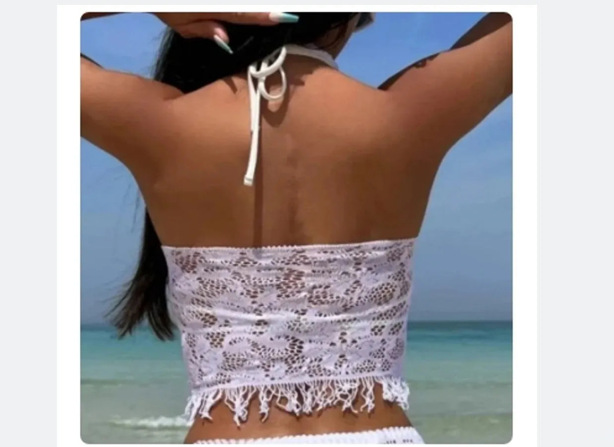 Women's black or white two-piece bikini with lace top and tassel skirt cover-up for swimming