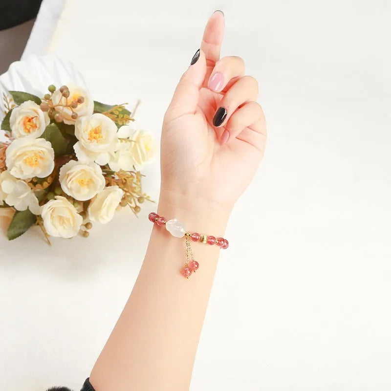 Strawberry quartz agate White Rabbit bracelet with 6mm geometric round beads for women