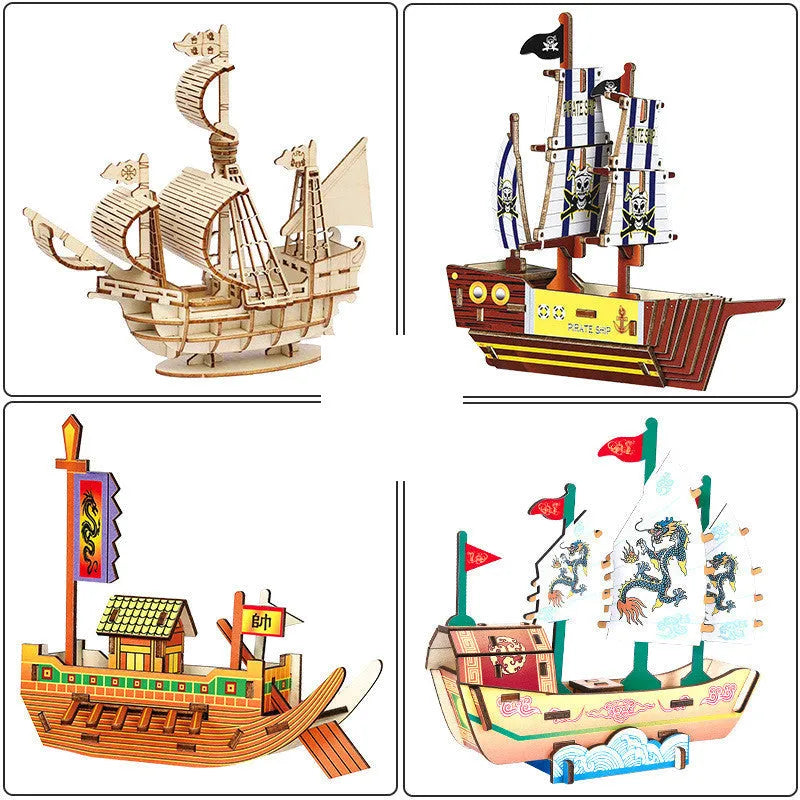 Wooden pirate ship assembled model kit with sticker details, 17x21cm, for teenagers aged 7-14