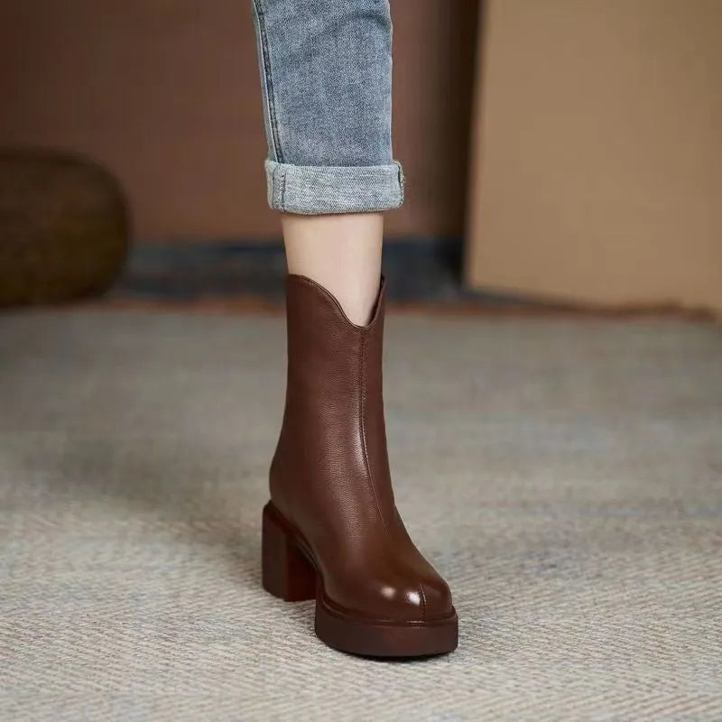 Women's thick heel martin boots with back zipper round toe black artificial PU