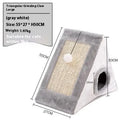 Triangular cat scratching toy and pet bed with sisal surfaces and plate fur covering in grey white colour
