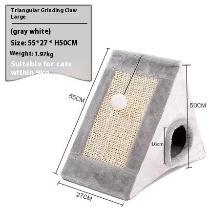 Triangular cat scratching toy and pet bed with sisal surfaces and plate fur covering in grey white colour