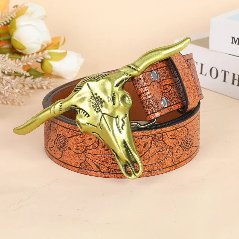 Men's black imitation leather belt with a detailed alloy cow head buckle and pin clasp.