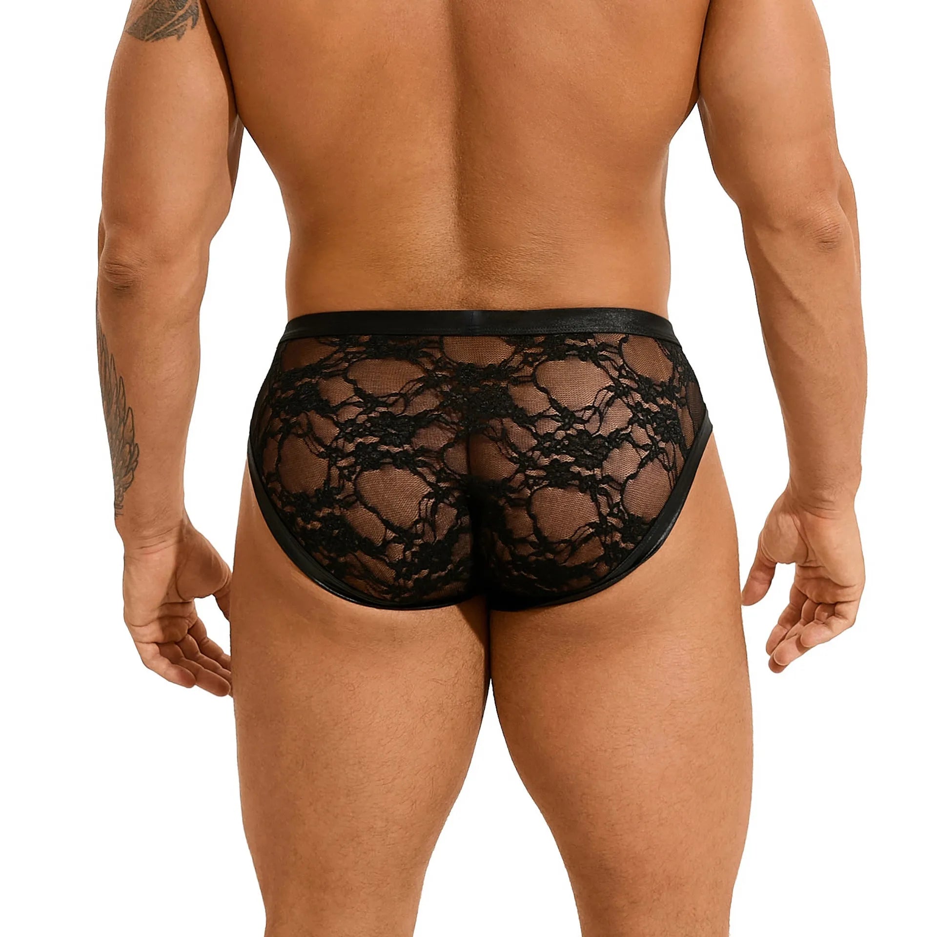 Black PU leather men's briefs with visible stitching and lace detailing on a mannequin.