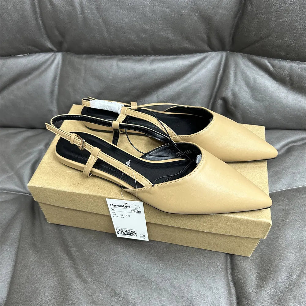 Flat pointed toe women's sandals with buckle closure, low heel, microfiber upper, available in multiple colours