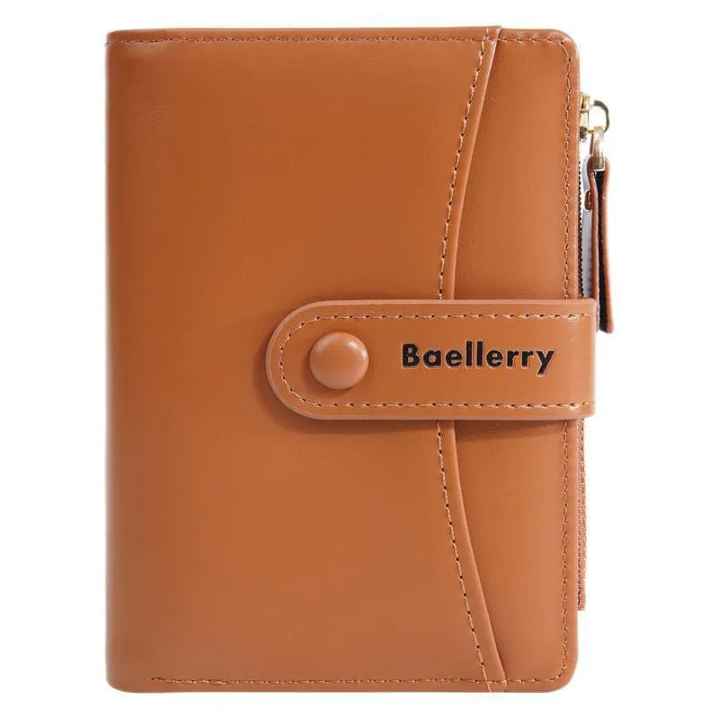 Women's short wallet in PU leather showing anti-theft features and available colour options