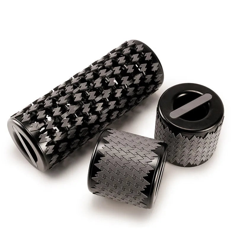 Adjustable telescopic foam roller in black colour positioned for fitness exercises