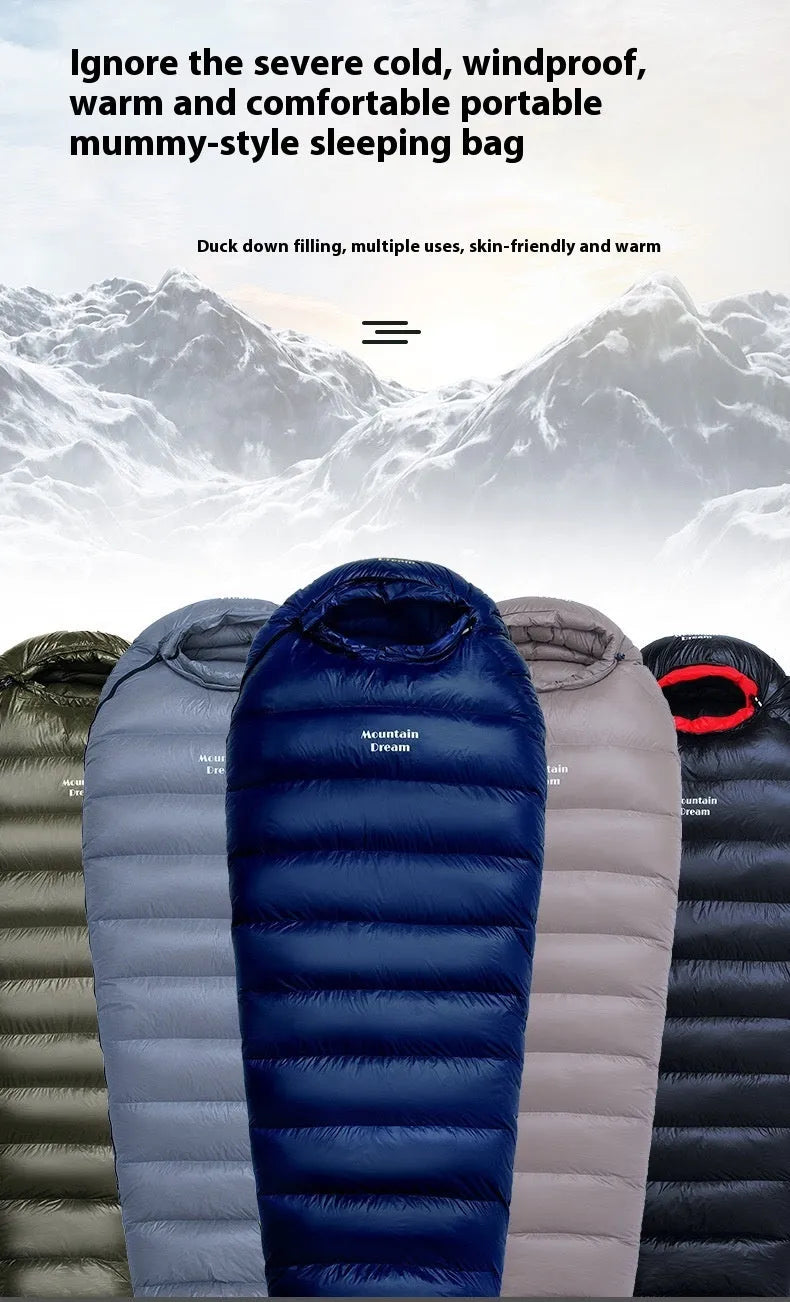Ultralight mummy-style sleeping bag with down fill, shown in army green colour.