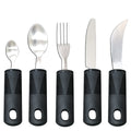 Stainless steel adaptive cutlery with rubber grip handles for elderly eating assistance and motor rehabilitation