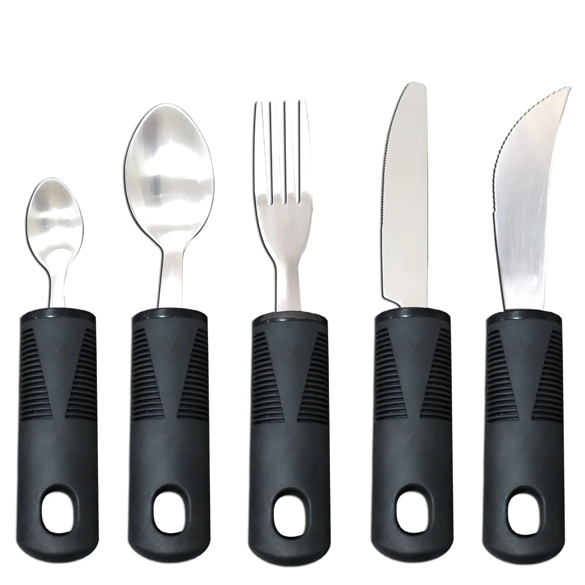 Stainless steel adaptive cutlery with rubber grip handles for elderly eating assistance and motor rehabilitation