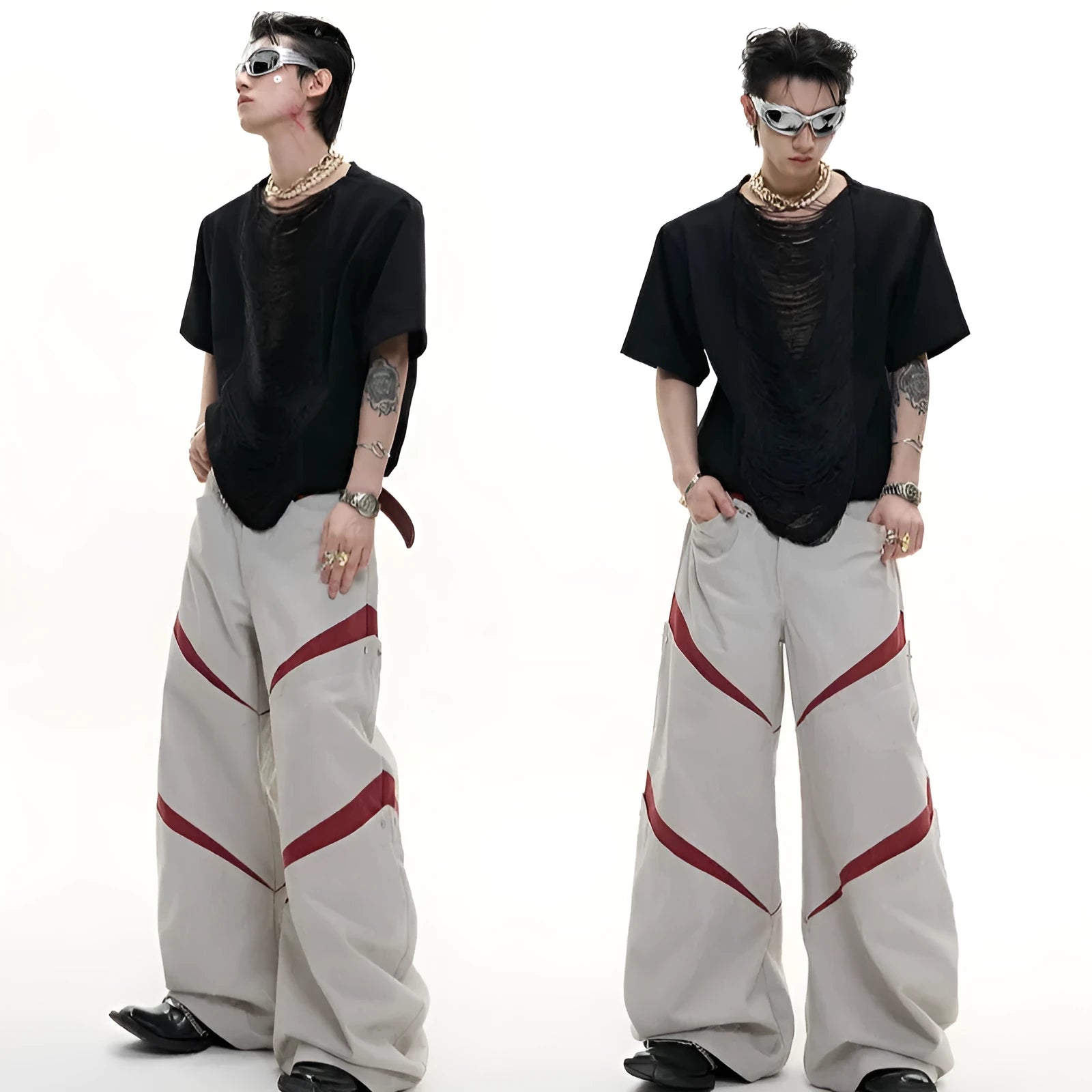 Men's black V-neck loose fit t-shirt with short sleeves and tassel detail