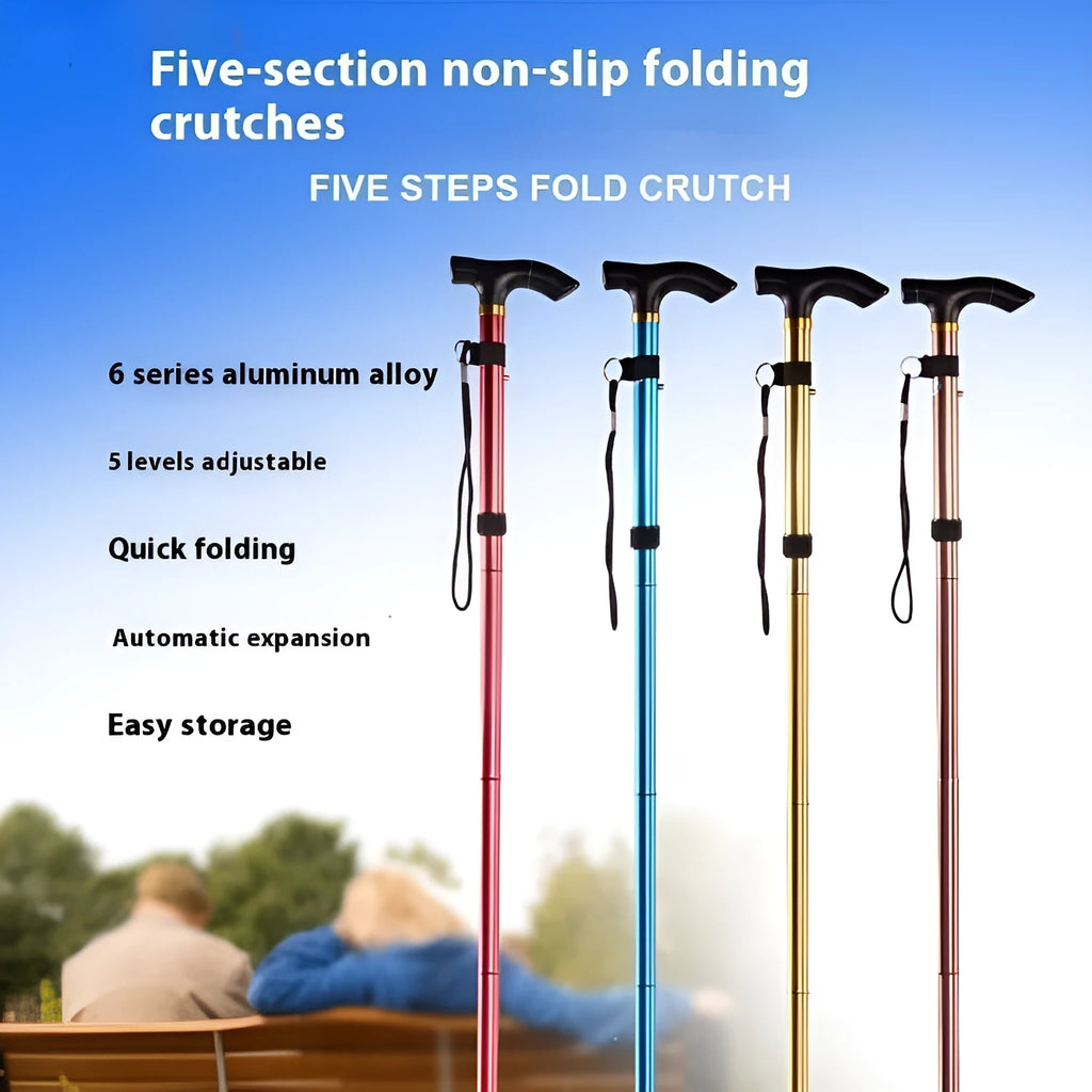 Adjustable aluminium folding walking stick in a chosen colour, shown extended and folded.