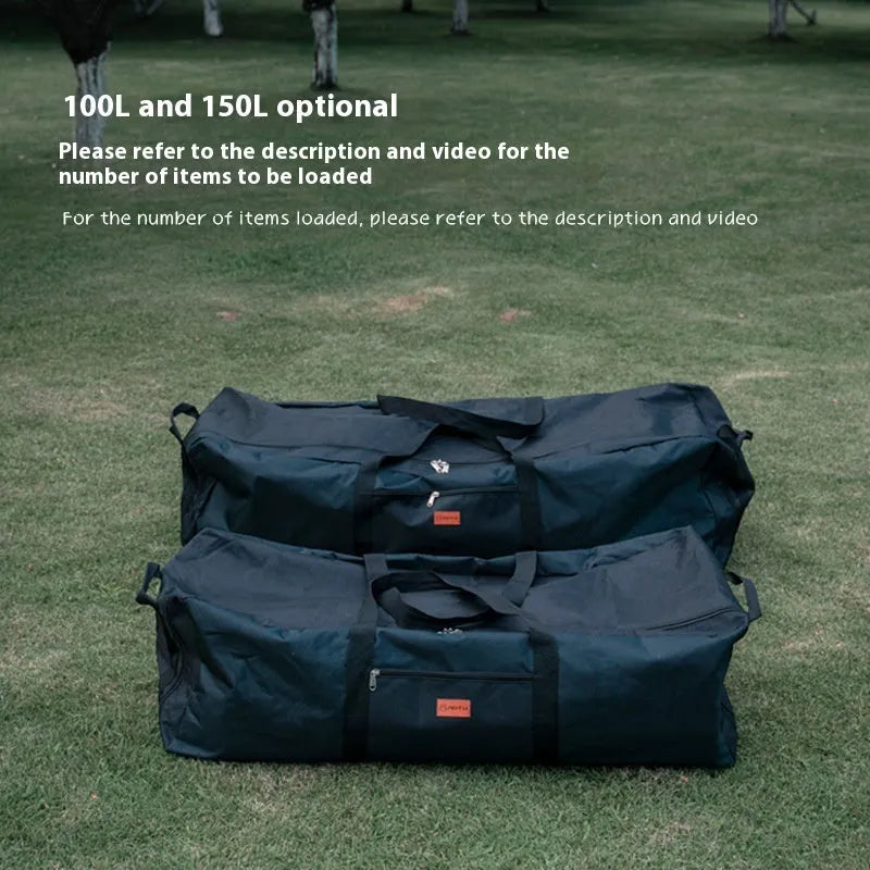 Green waterproof camping storage bag shown expanded and compressed, holding a folding chair and tent.