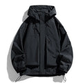 Men's black hooded windproof waterproof coat with long sleeves, shown in a regular length cut.