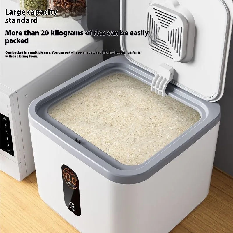 Grey plastic insect-proof moisture-proof rice storage jar with measuring cup in 10kg, 20kg, 30kg sizes.