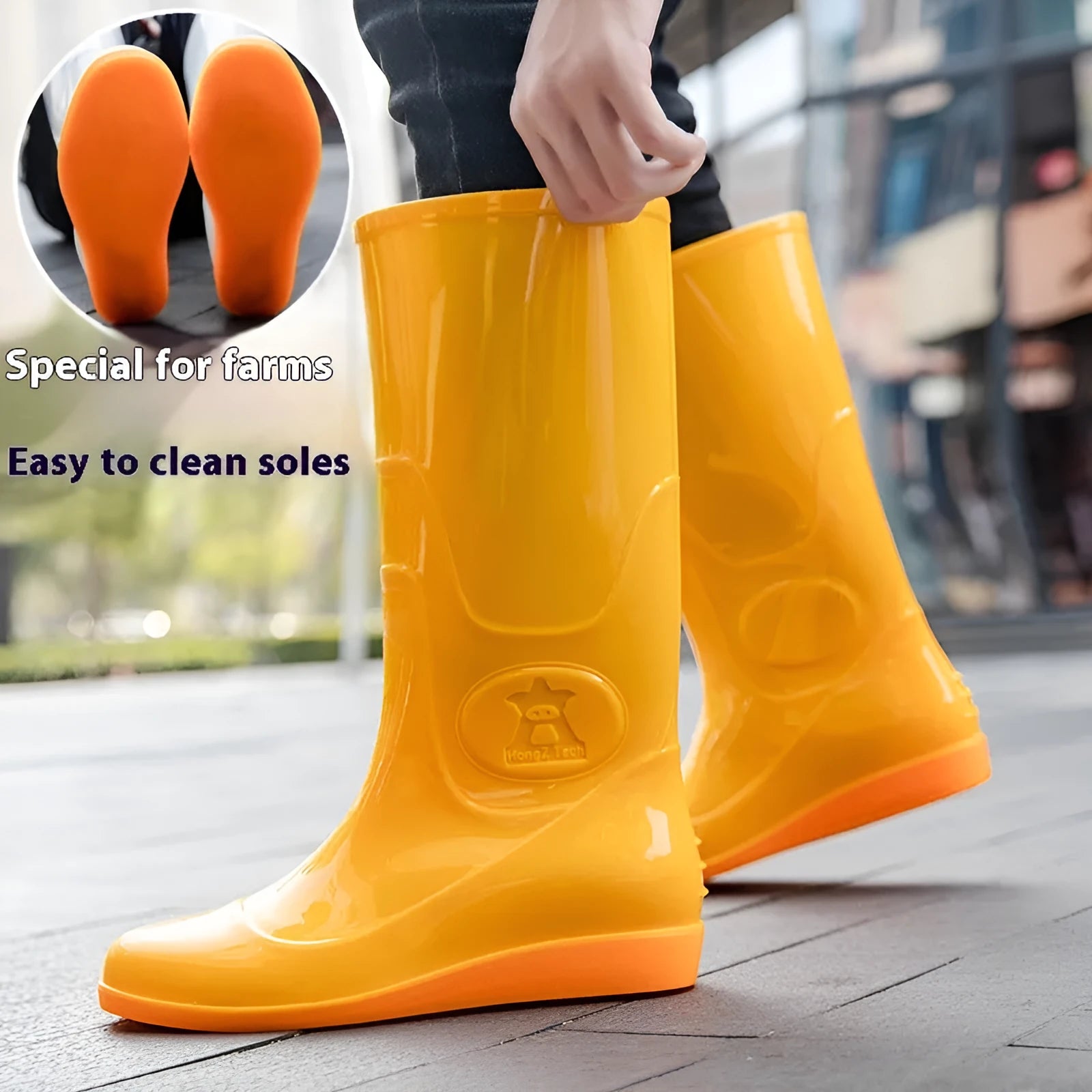 Plastic washable rain boots in white or yellow colours with high tube design and flat heel