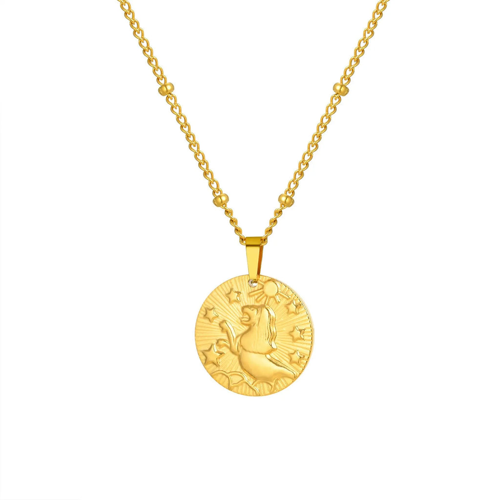 Stainless steel bead necklace with a round pendant embossed with a zodiac constellation, on a cross chain.