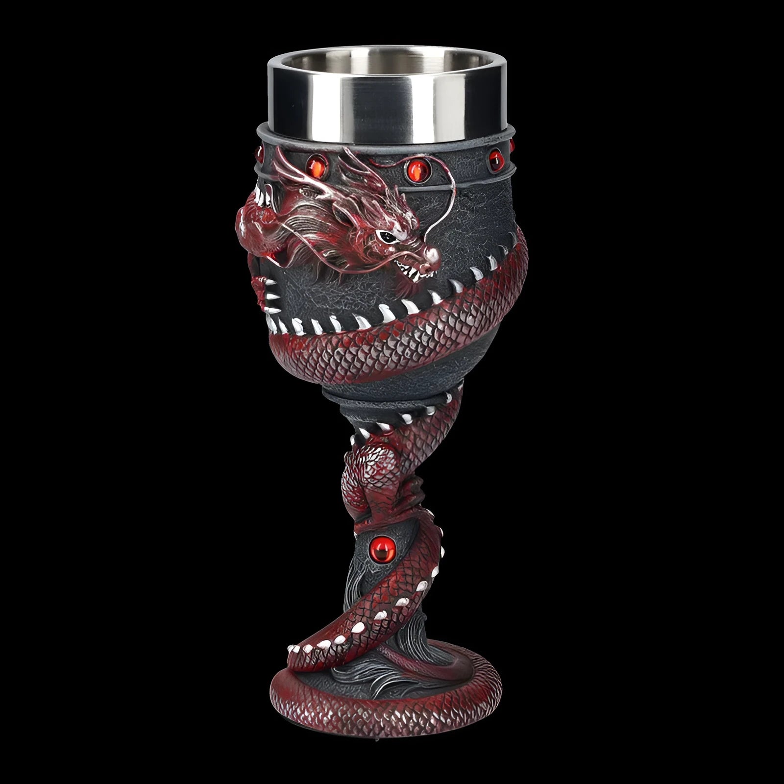 Red wine glass with a detailed gold Chinese dragon 3D design on a stainless steel and resin body.