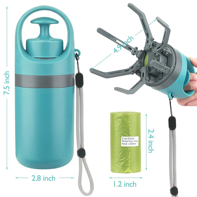 Blue plastic dog pooper scooper with eight-claw shovel and built-in bag dispenser