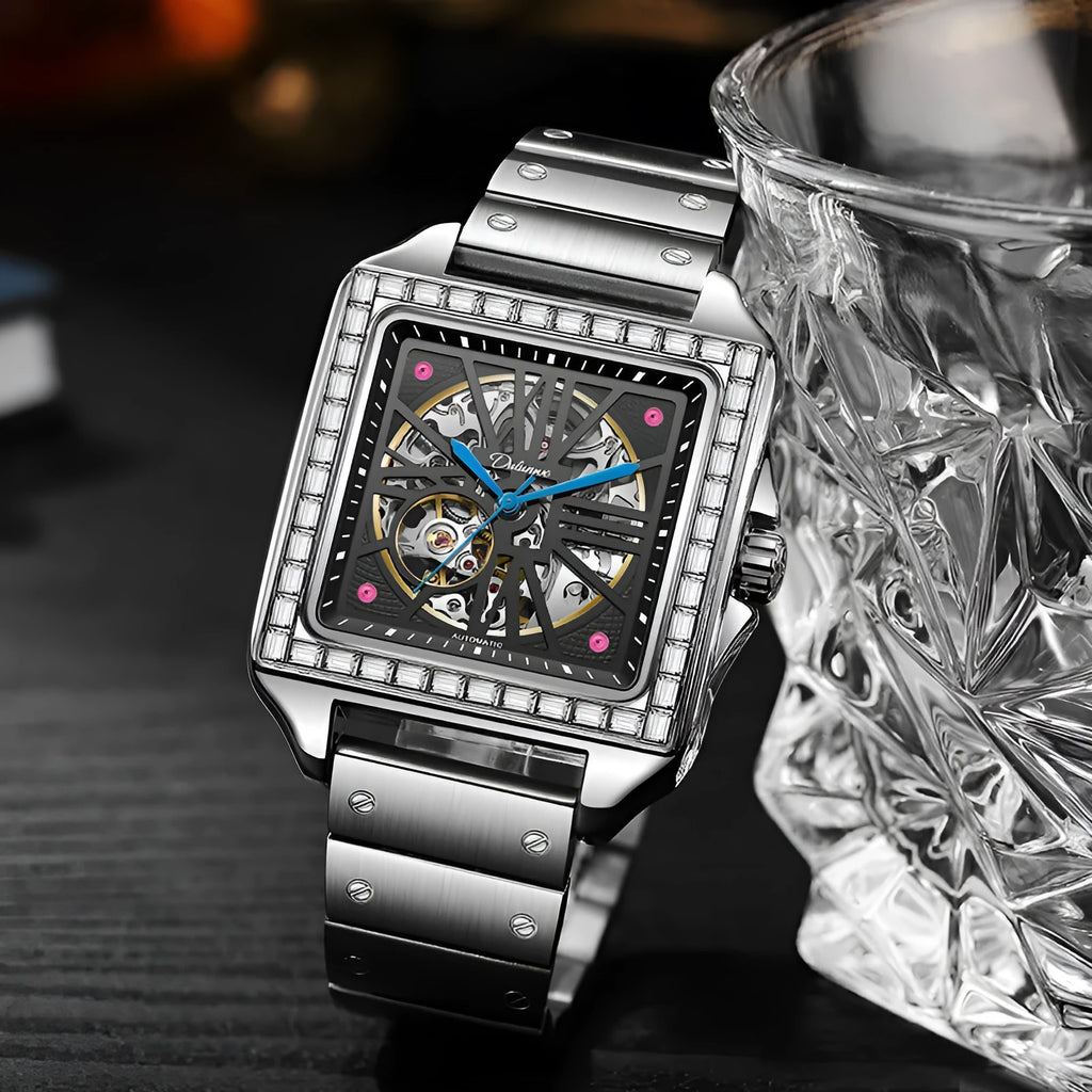 Men's square-faced automatic watch with diamond studs on a black leather strap