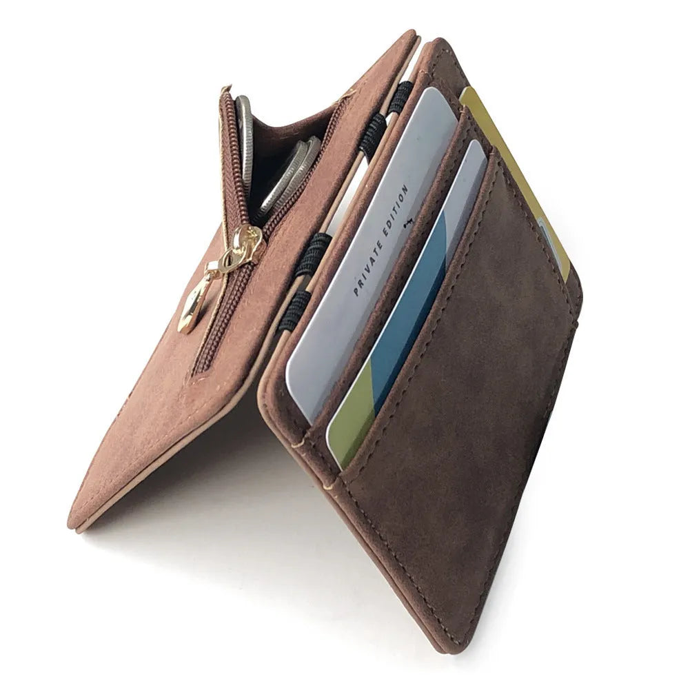 Korean style matte leather magic wallet in horizontal square shape, showing coin pocket and sewing line details.
