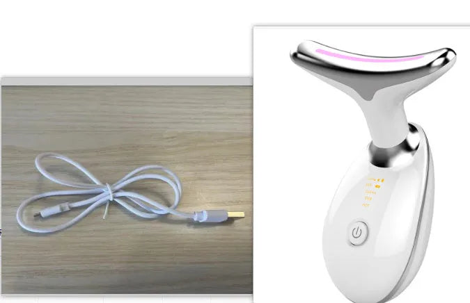 Black and silver EMS thermal neck massager with LED lights for wrinkle reduction and skin tightening